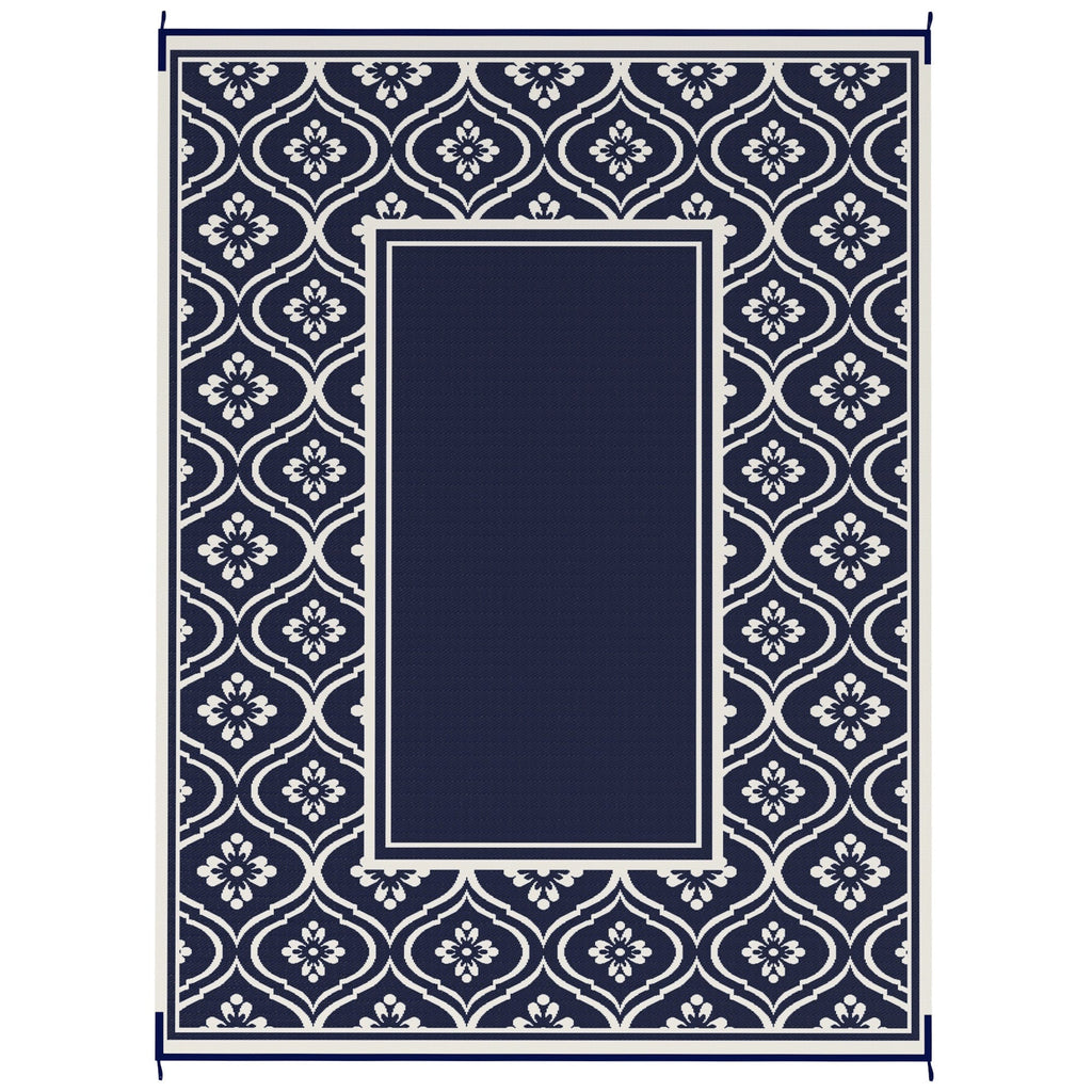 9' x 12' Patio Reversible Outdoor RV Rug with Carry Bag, Gourd Border, White & Blue