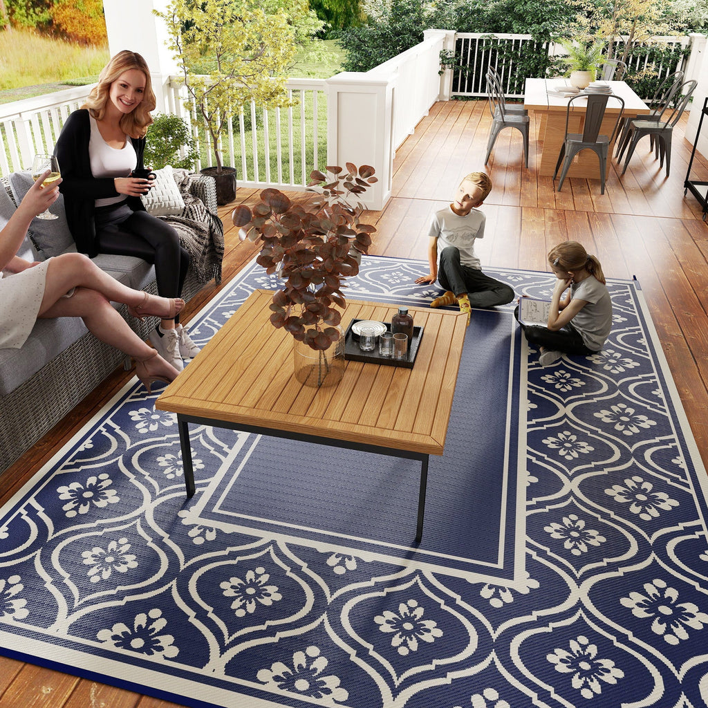 9' x 12' Patio Reversible Outdoor RV Rug with Carry Bag, Gourd Border, White & Blue