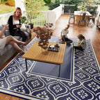 9' x 12' Patio Reversible Outdoor RV Rug with Carry Bag, Gourd Border, White & Blue