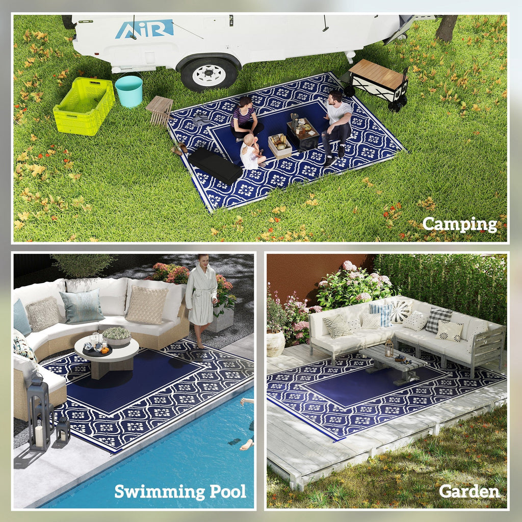 9' x 12' Patio Reversible Outdoor RV Rug with Carry Bag, Gourd Border, White & Blue