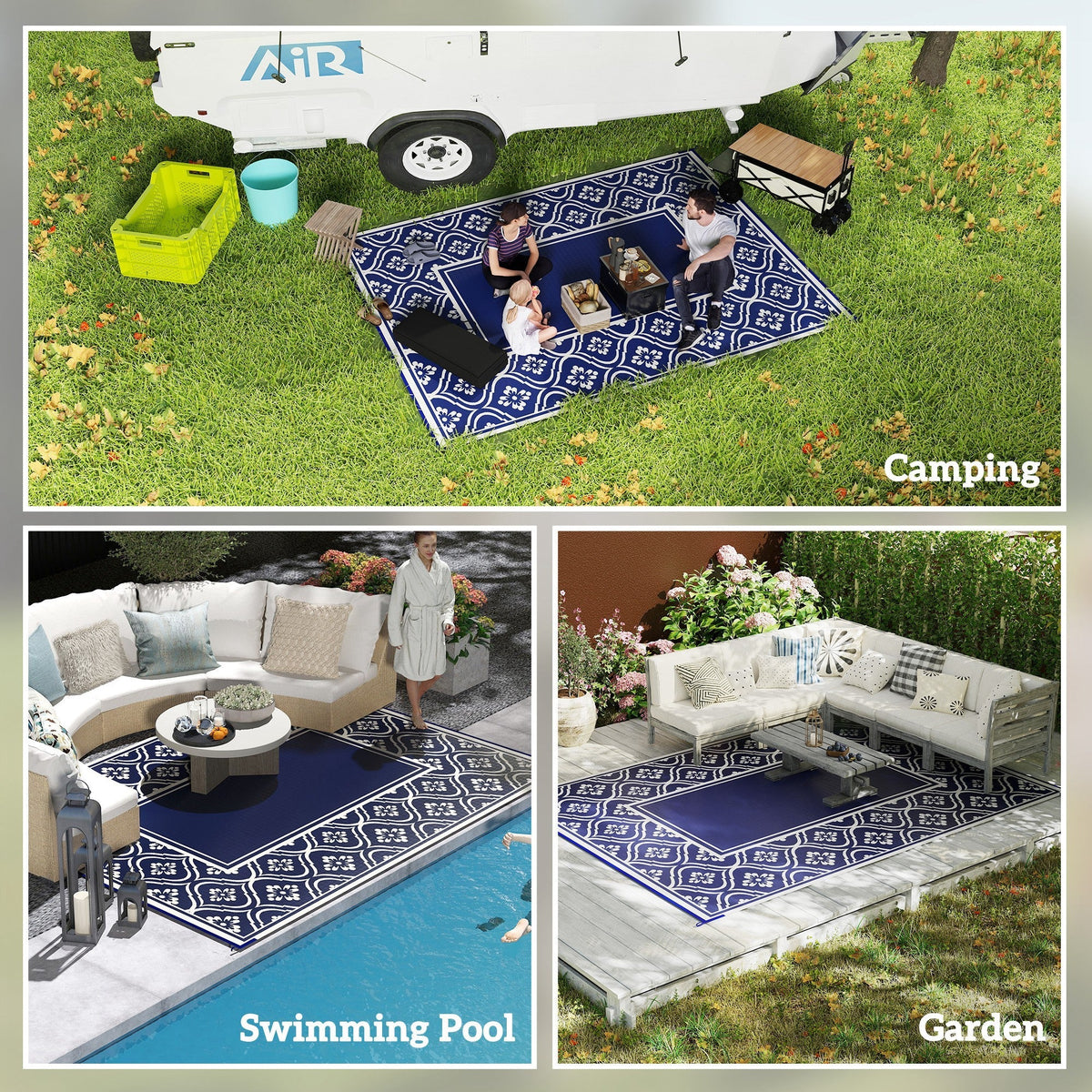 9' x 12' Patio Reversible Outdoor RV Rug with Carry Bag, Gourd Border, White & Blue