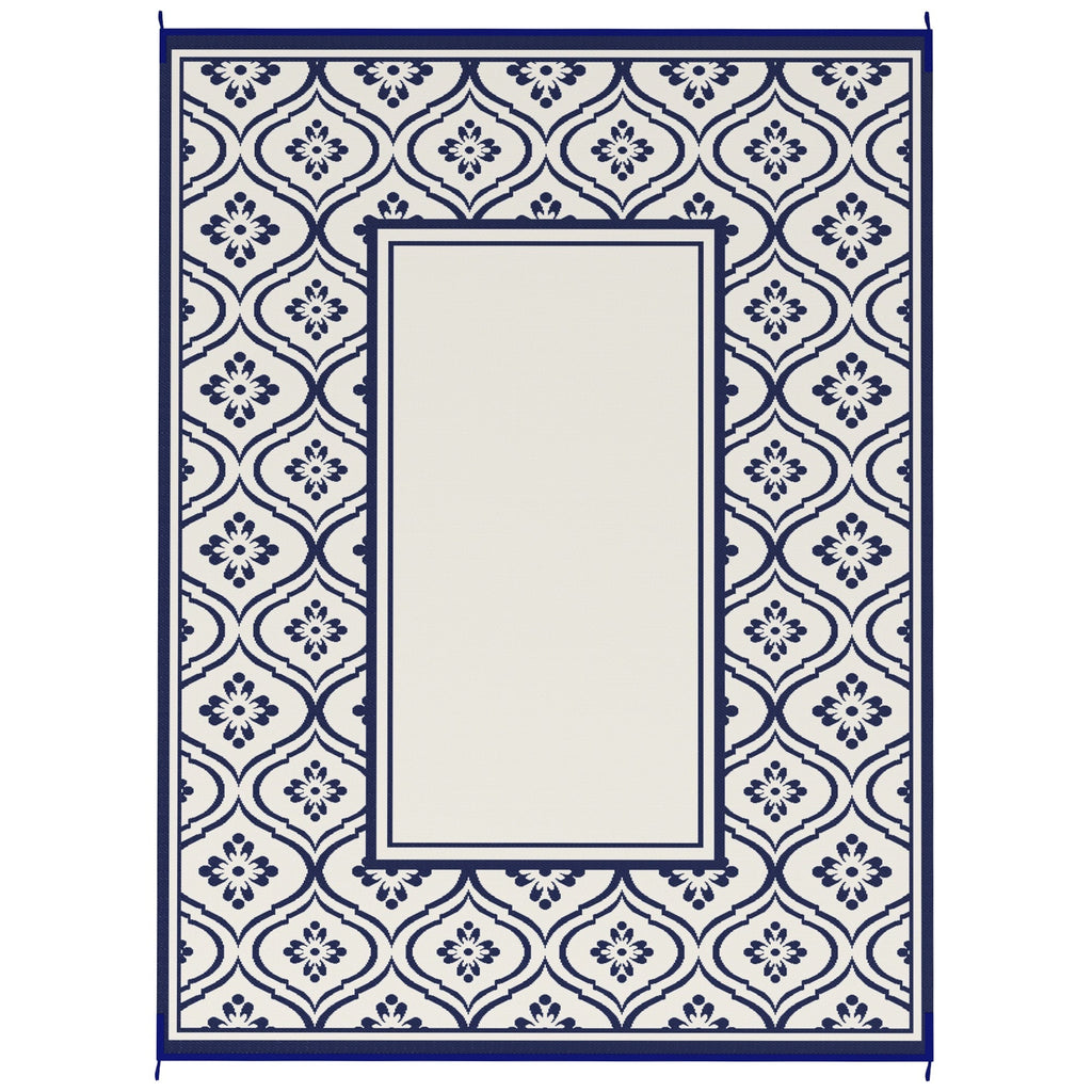 9' x 12' Patio Reversible Outdoor RV Rug with Carry Bag, Gourd Border, White & Blue