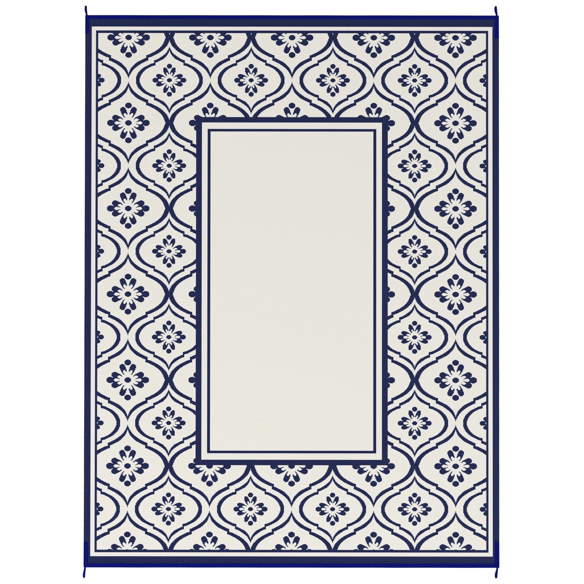9' x 12' Patio Reversible Outdoor RV Rug with Carry Bag, Gourd Border, White & Blue