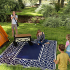 9' x 12' Patio Reversible Outdoor RV Rug with Carry Bag, Gourd Border, White & Blue