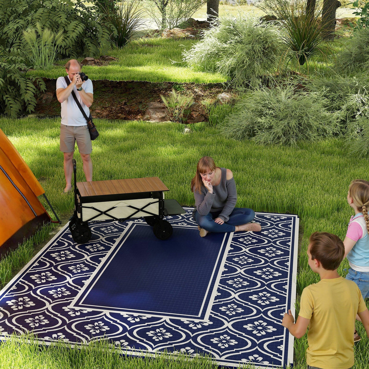 9' x 12' Patio Reversible Outdoor RV Rug with Carry Bag, Gourd Border, White & Blue