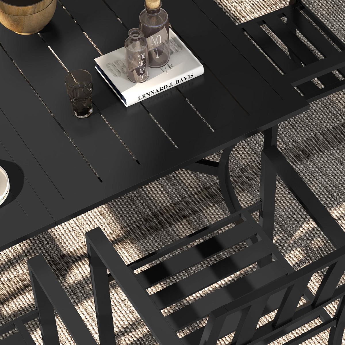 7 Pieces Patio Dining Set with Umbrella Hole, Galvanised Steel Frame, Space Saving, Black