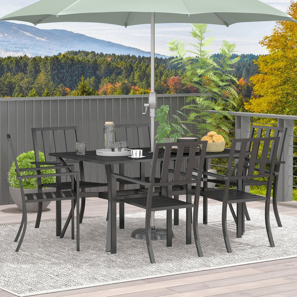 7 Pieces Patio Dining Set with Umbrella Hole, Galvanised Steel Frame, Space Saving, Black