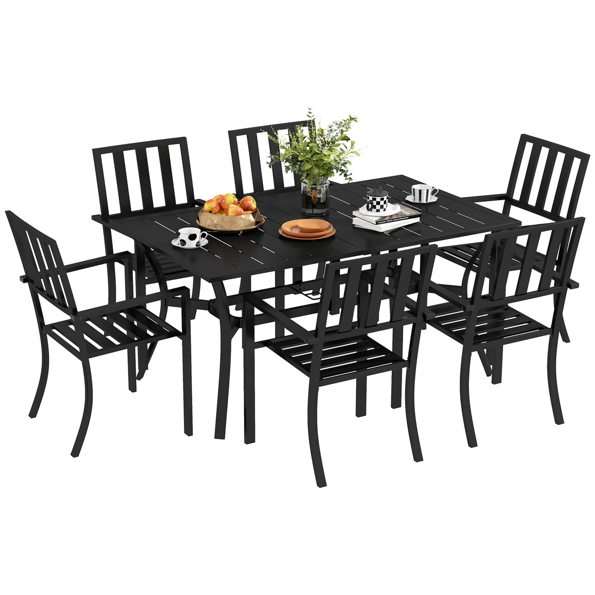 7 Pieces Patio Dining Set with Umbrella Hole, Galvanised Steel Frame, Space Saving, Black