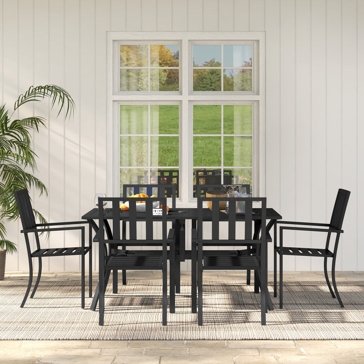 7 Pieces Patio Dining Set with Umbrella Hole, Galvanised Steel Frame, Space Saving, Black