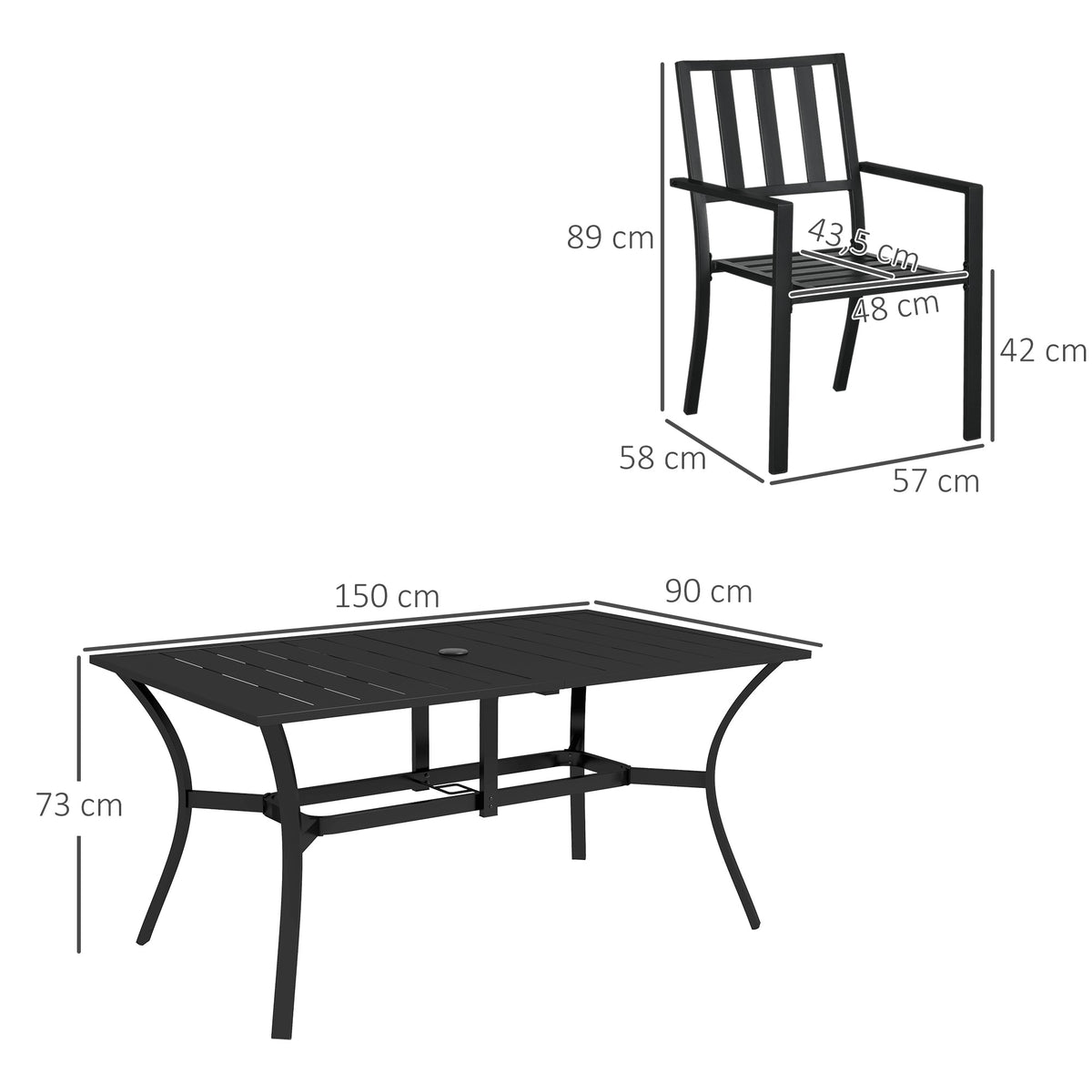 7 Pieces Patio Dining Set with Umbrella Hole, Galvanised Steel Frame, Space Saving, Black