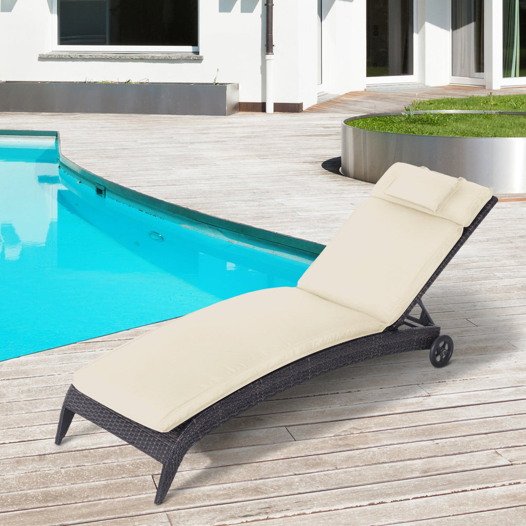 Garden Sun Lounger Cushion Replacement, Sunbed Reclining Chair Pad w/ Pillow, Cream White