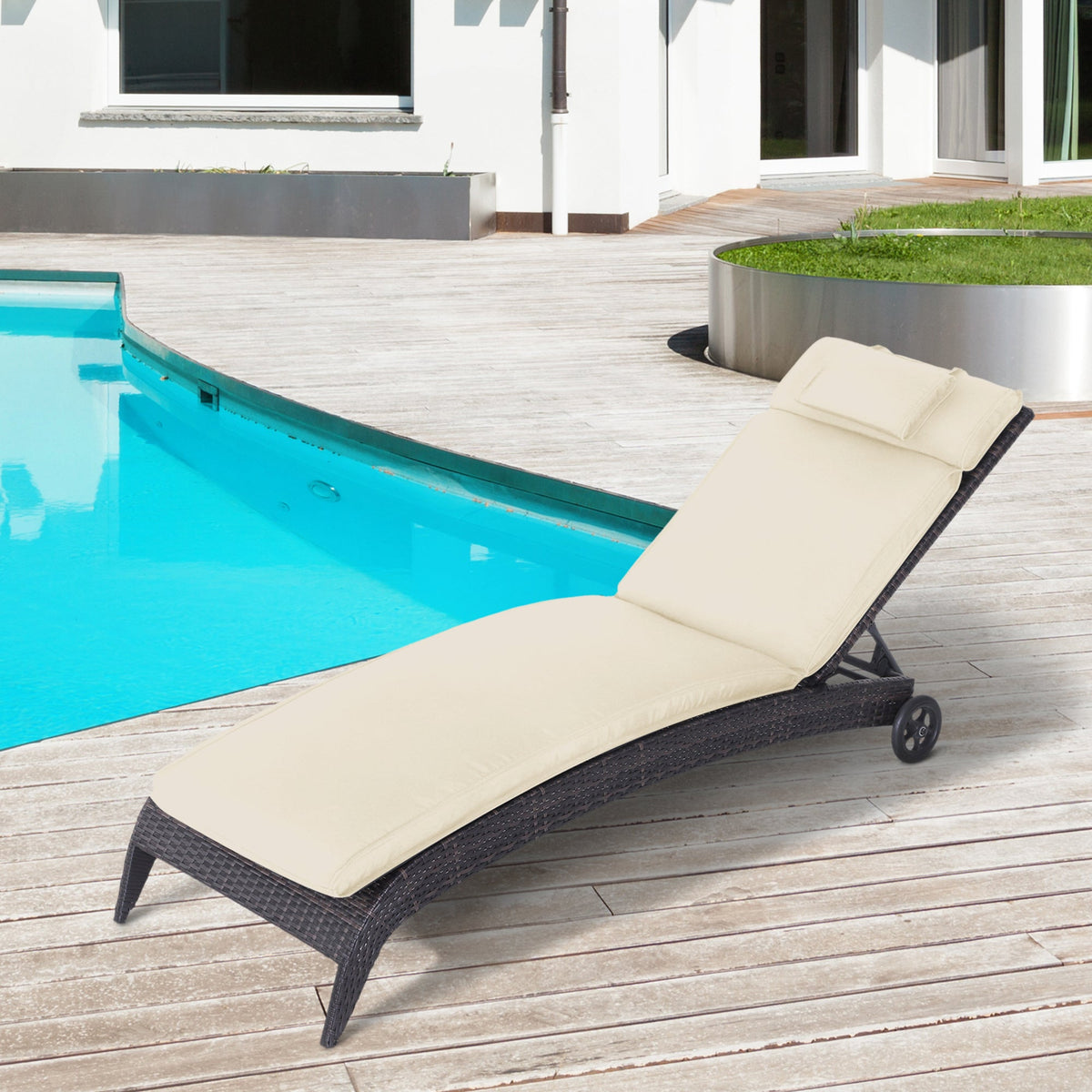 Garden Sun Lounger Cushion Replacement, Sunbed Reclining Chair Pad w/ Pillow, Cream White