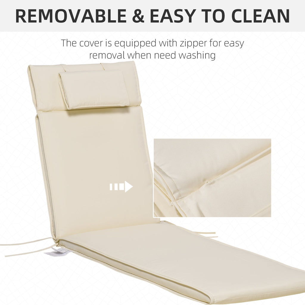 Garden Sun Lounger Cushion Replacement, Sunbed Reclining Chair Pad w/ Pillow, Cream White
