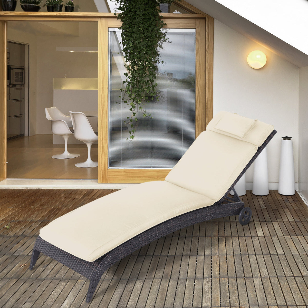 Garden Sun Lounger Cushion Replacement, Sunbed Reclining Chair Pad w/ Pillow, Cream White