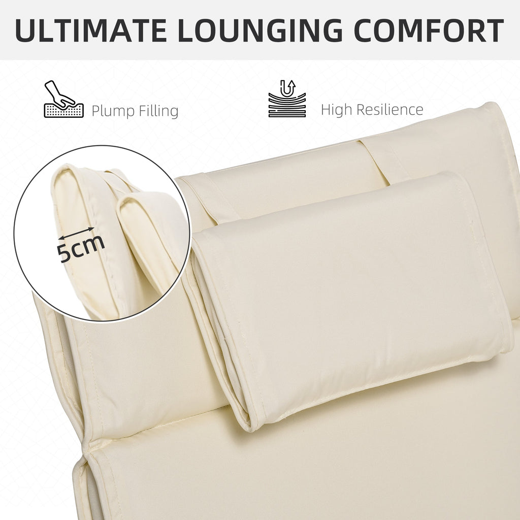 Garden Sun Lounger Cushion Replacement, Sunbed Reclining Chair Pad w/ Pillow, Cream White