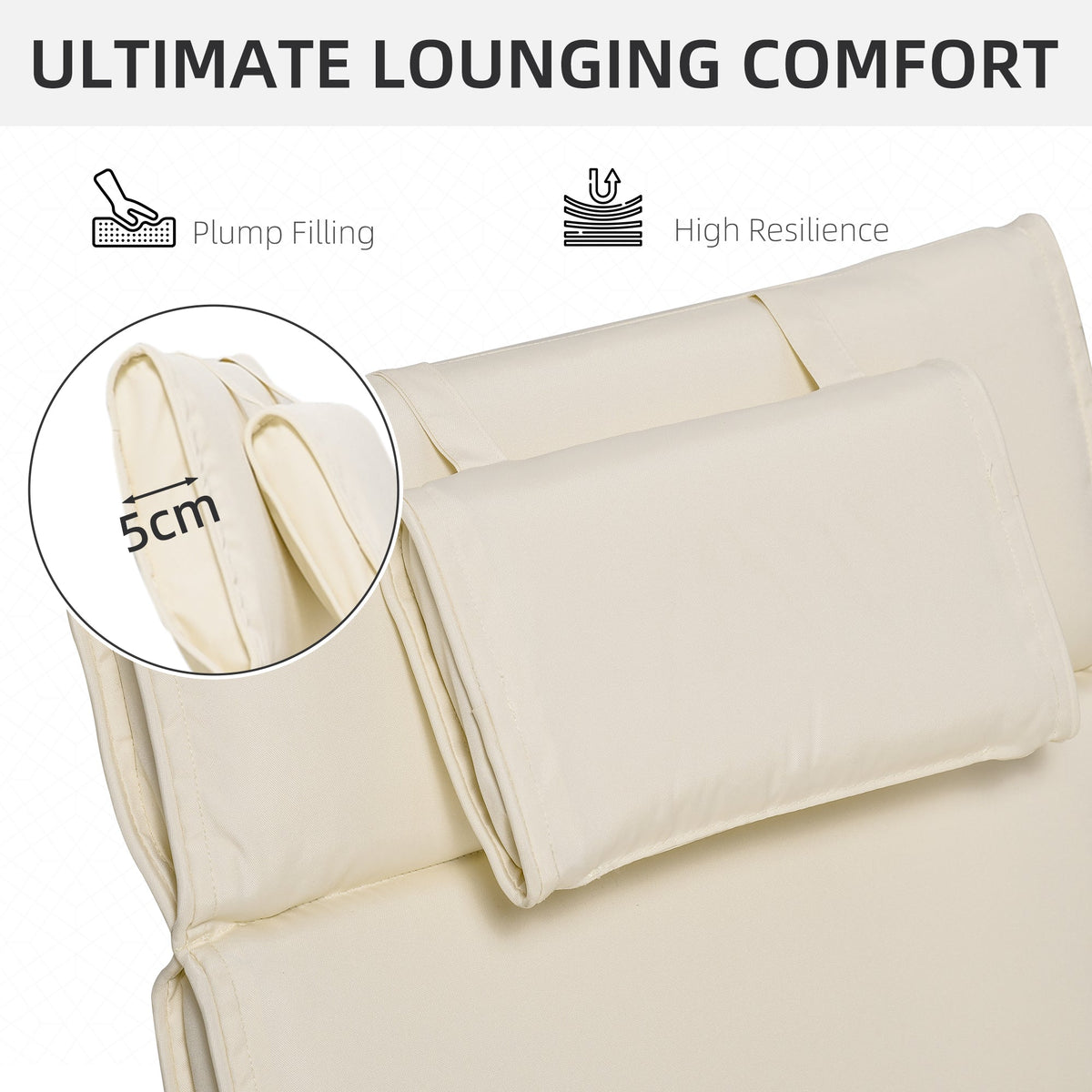 Garden Sun Lounger Cushion Replacement, Sunbed Reclining Chair Pad w/ Pillow, Cream White