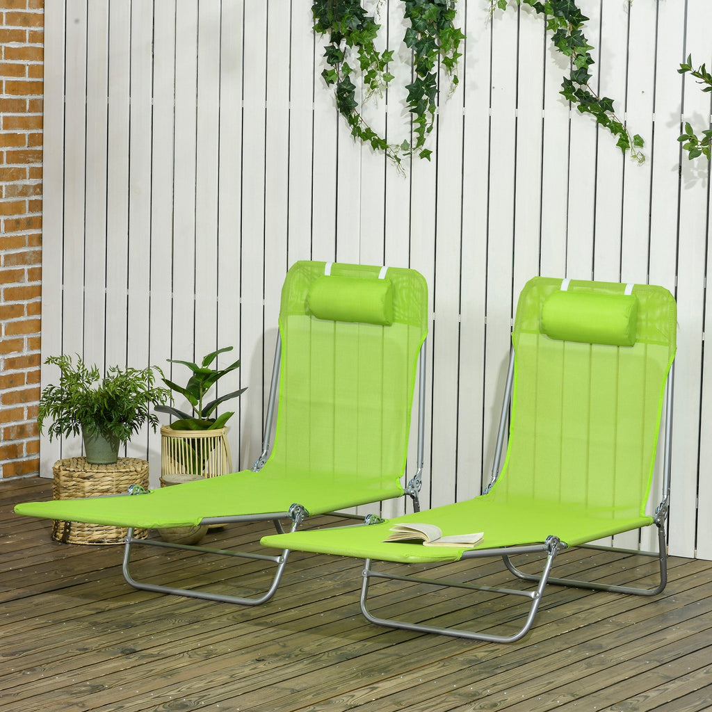 2-Piece Folding Chaise Lounge Chairs with Reclining Back, Breathable Mesh Seat & Headrest, Green