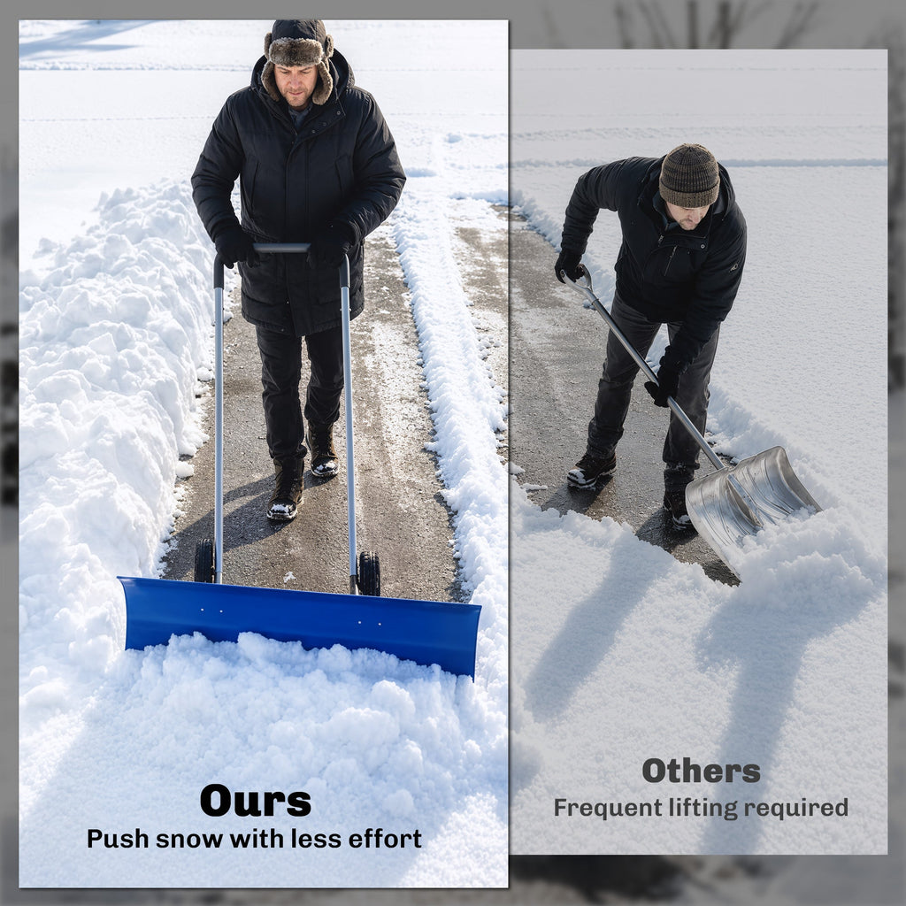 37-Inch Extra Wide Aluminum Snow Pusher with Wheels and Adjustable Handle, Blue