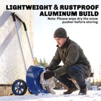 37-Inch Extra Wide Aluminum Snow Pusher with Wheels and Adjustable Handle, Blue