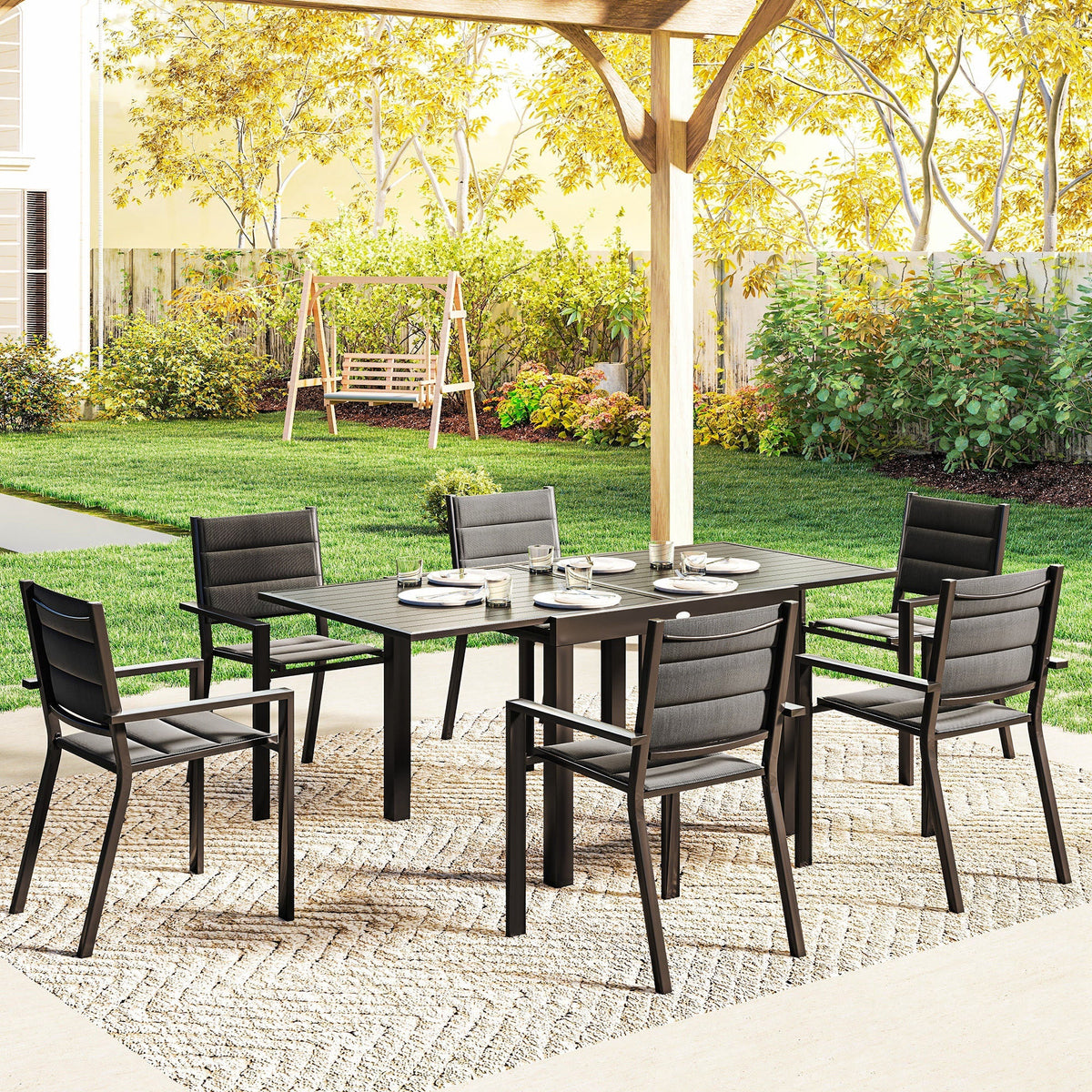 7pc Patio Dining Set with Expandable Table and Stackable Chairs, Black