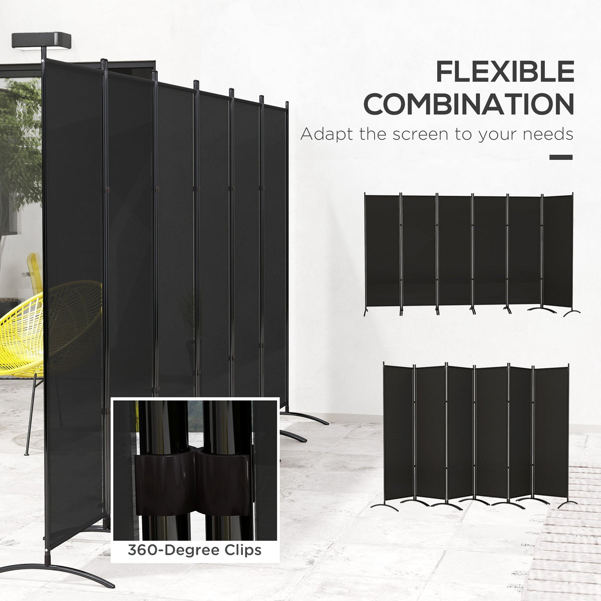6 Panel Folding Privacy Screen, 5.7FT Tall Room Divider with UV30+ Protection, Black