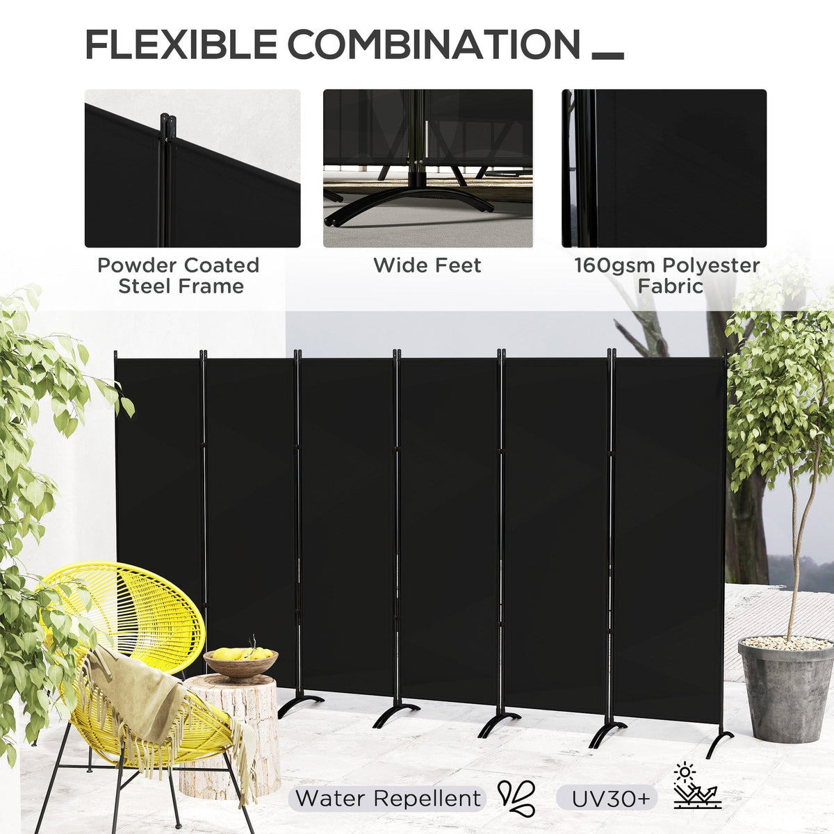 6 Panel Folding Privacy Screen, 5.7FT Tall Room Divider with UV30+ Protection, Black