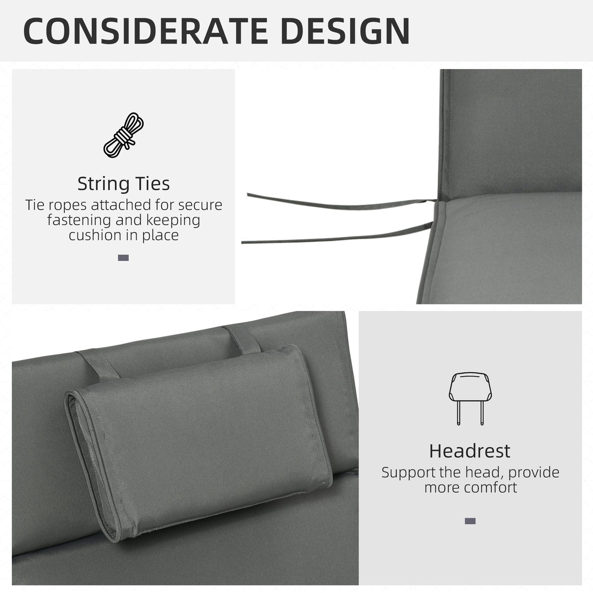Garden Sun Lounger Cushion Replacement, Sunbed Reclining Chair Pad w/ Pillow, Grey