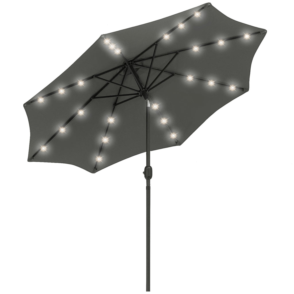 9ft Solar Patio Umbrella Outdoor Sunshade 24 LED Lights Tilt Canopy, Charcoal Grey