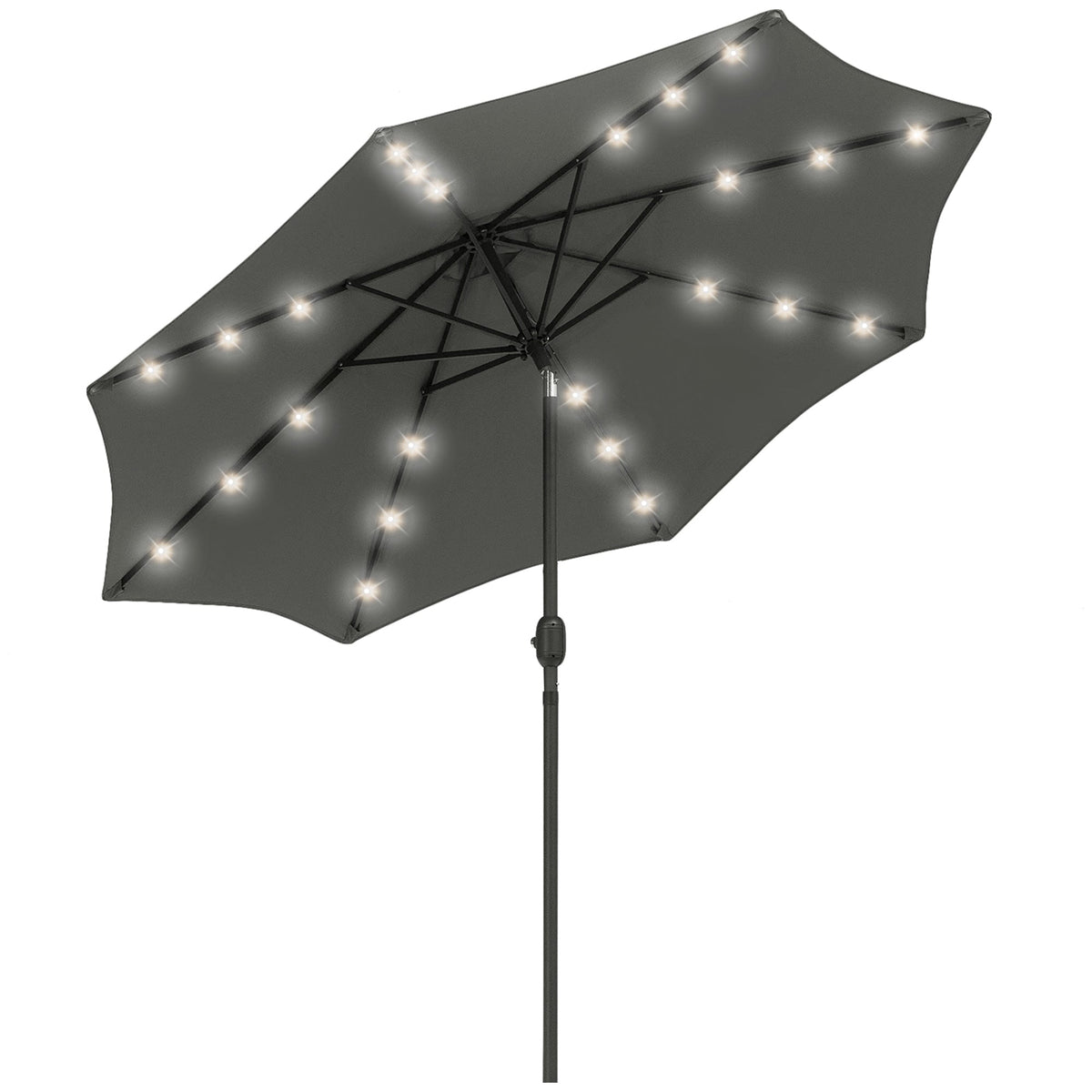 9ft Solar Patio Umbrella Outdoor Sunshade 24 LED Lights Tilt Canopy, Charcoal Grey