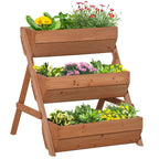3 Tier 66L Raised Garden Bed Wooden Elevated Planter Box Kit for Flower, Vegetable, Herb, 65 x 75 x 76cm, Brown