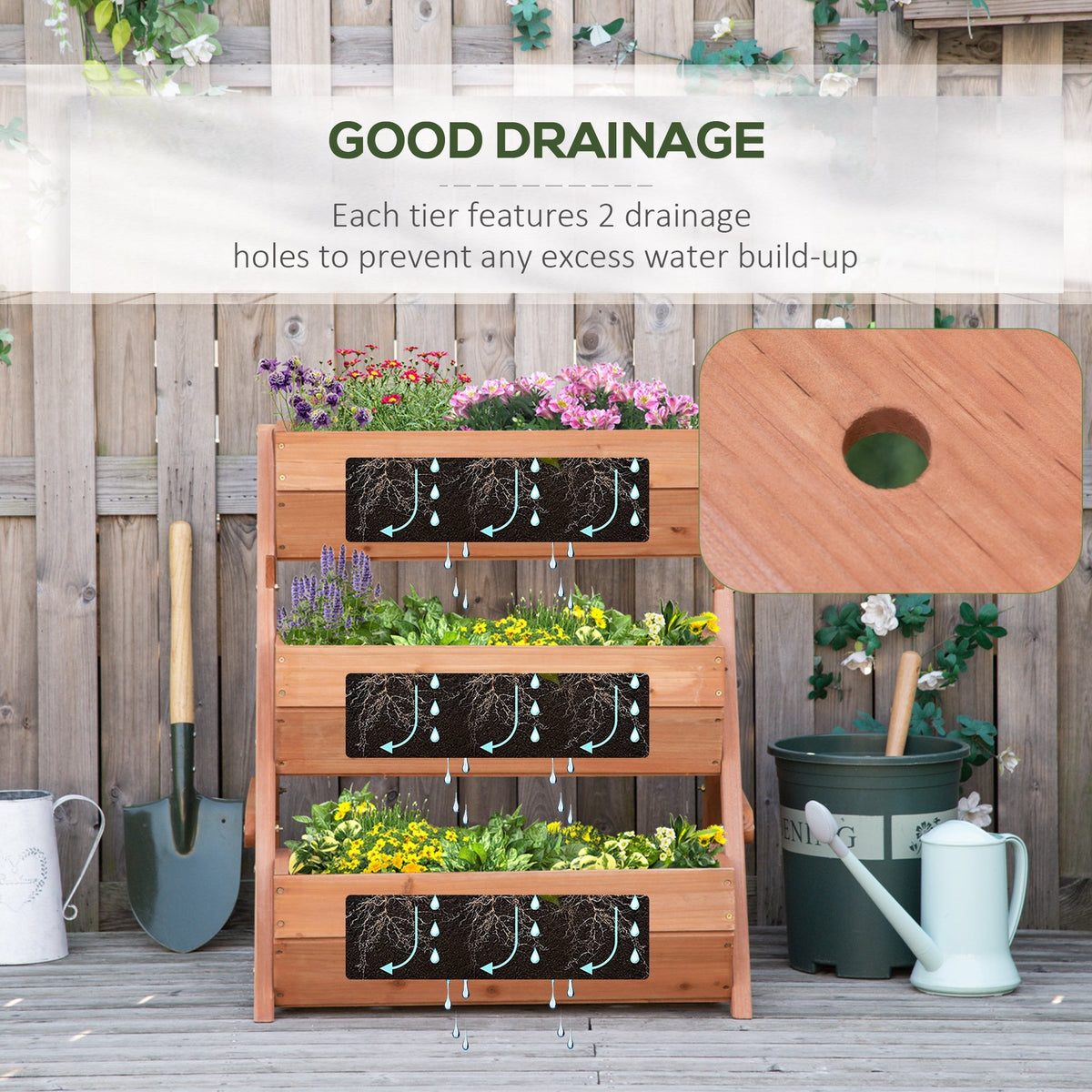 3 Tier 66L Raised Garden Bed Wooden Elevated Planter Box Kit for Flower, Vegetable, Herb, 65 x 75 x 76cm, Brown