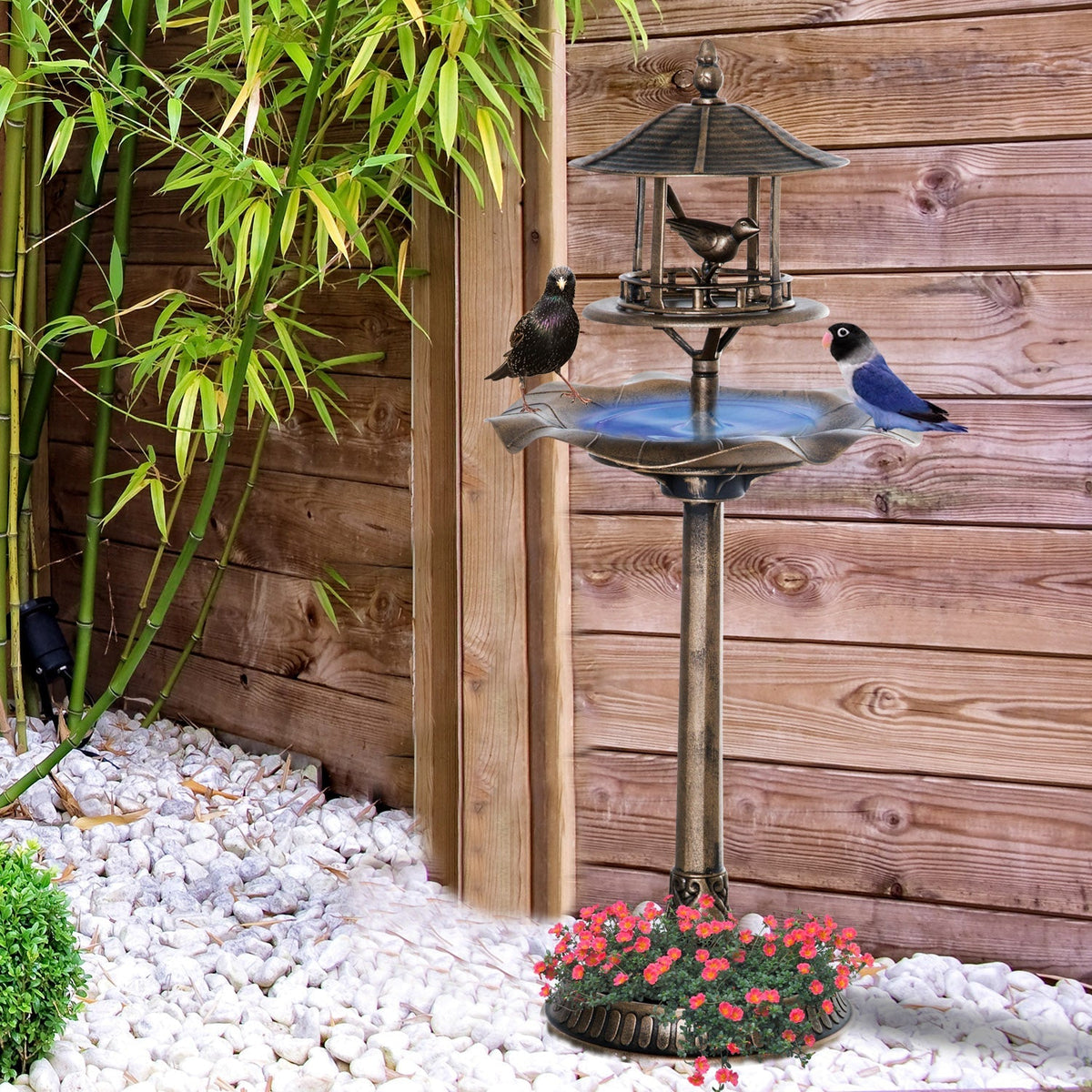 Antique Gold 3-in-1 Garden Bird Bath with Feeder & Underneath Flower Planter