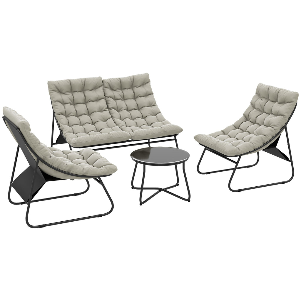 4 Seater Steel Outdoor Sofa Set with Chairs, Glass Coffee Table & Thick Cushions, Light Grey
