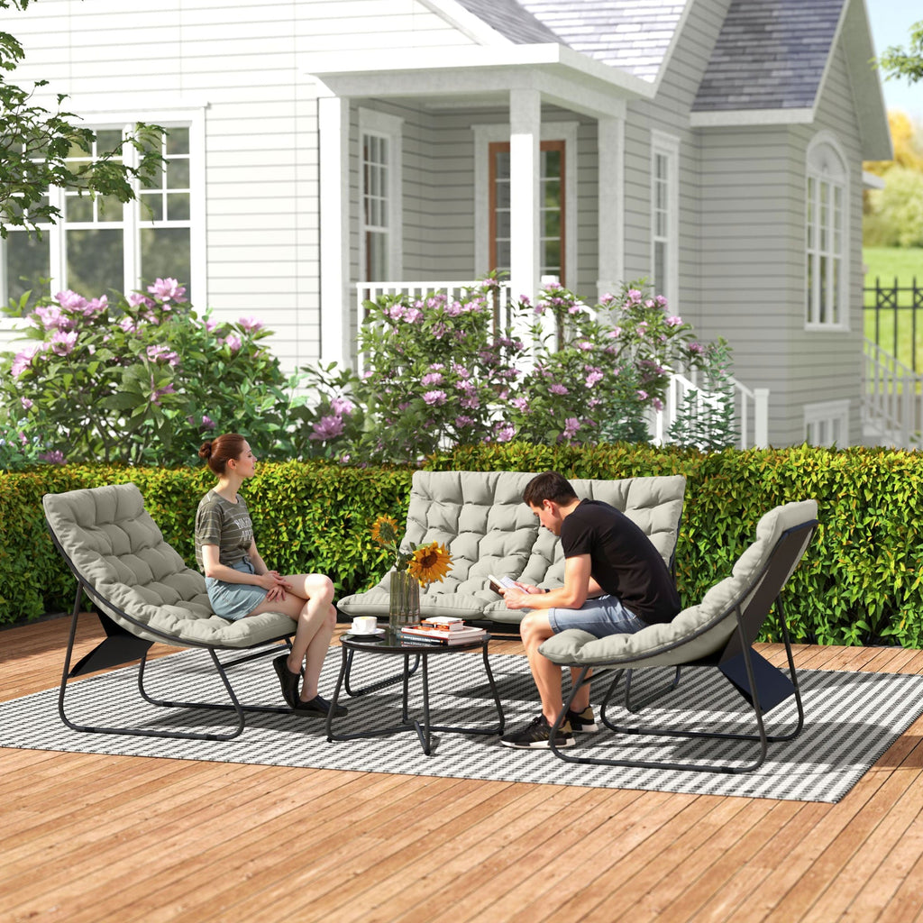 4 Seater Steel Outdoor Sofa Set with Chairs, Glass Coffee Table & Thick Cushions, Light Grey