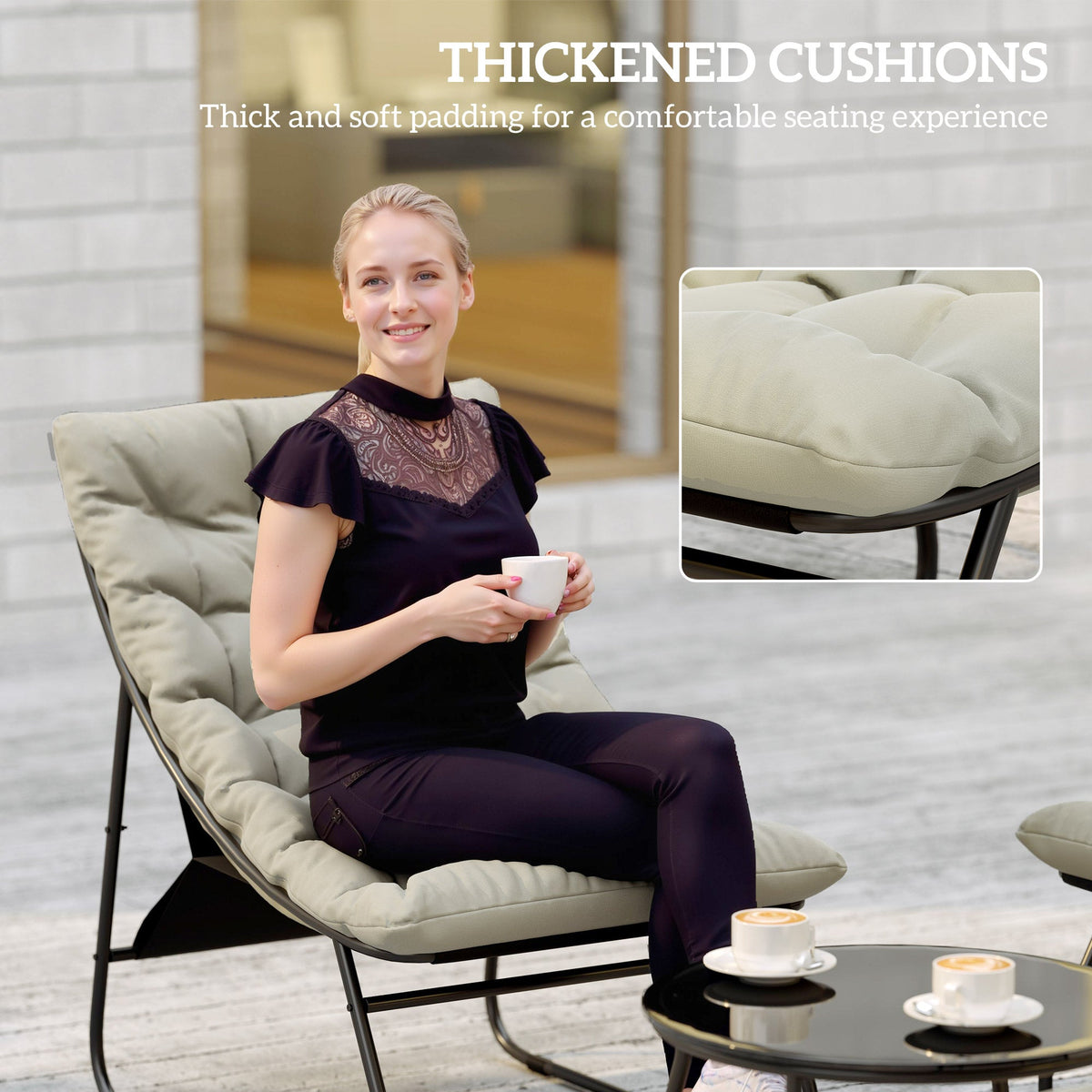 4 Seater Steel Outdoor Sofa Set with Chairs, Glass Coffee Table & Thick Cushions, Light Grey
