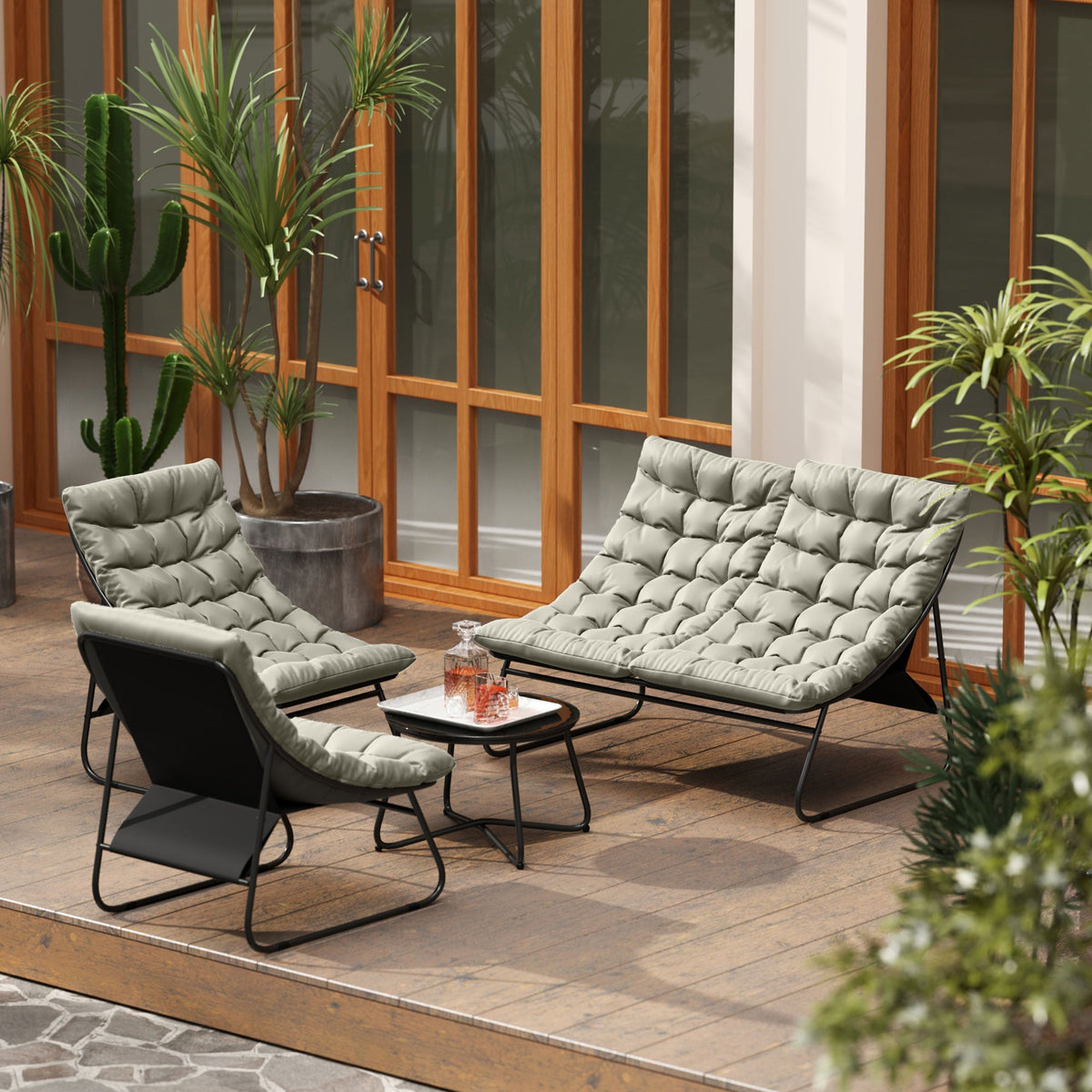 4 Seater Steel Outdoor Sofa Set with Chairs, Glass Coffee Table & Thick Cushions, Light Grey