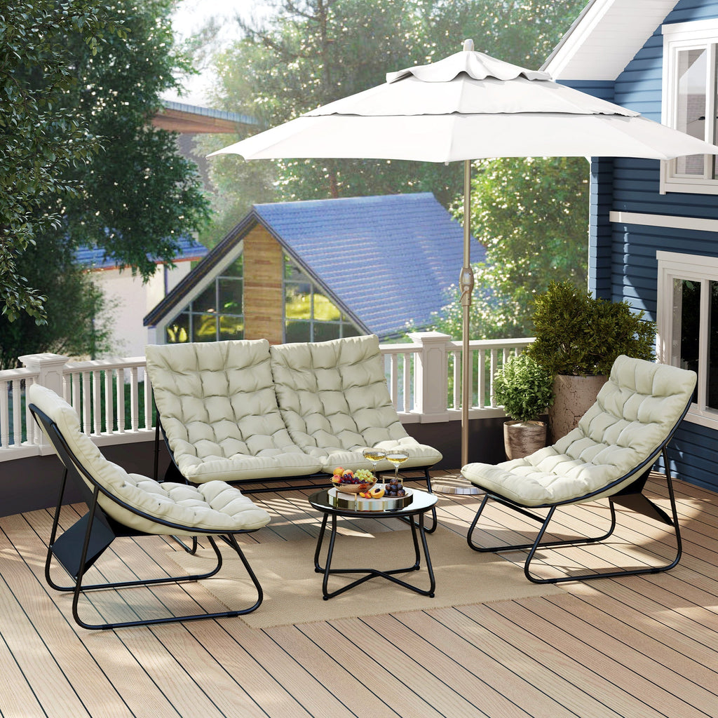 4 Seater Steel Outdoor Sofa Set with Chairs, Glass Coffee Table & Thick Cushions, Light Grey