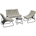4 Seater Steel Outdoor Sofa Set with Chairs, Glass Coffee Table & Thick Cushions, Light Grey