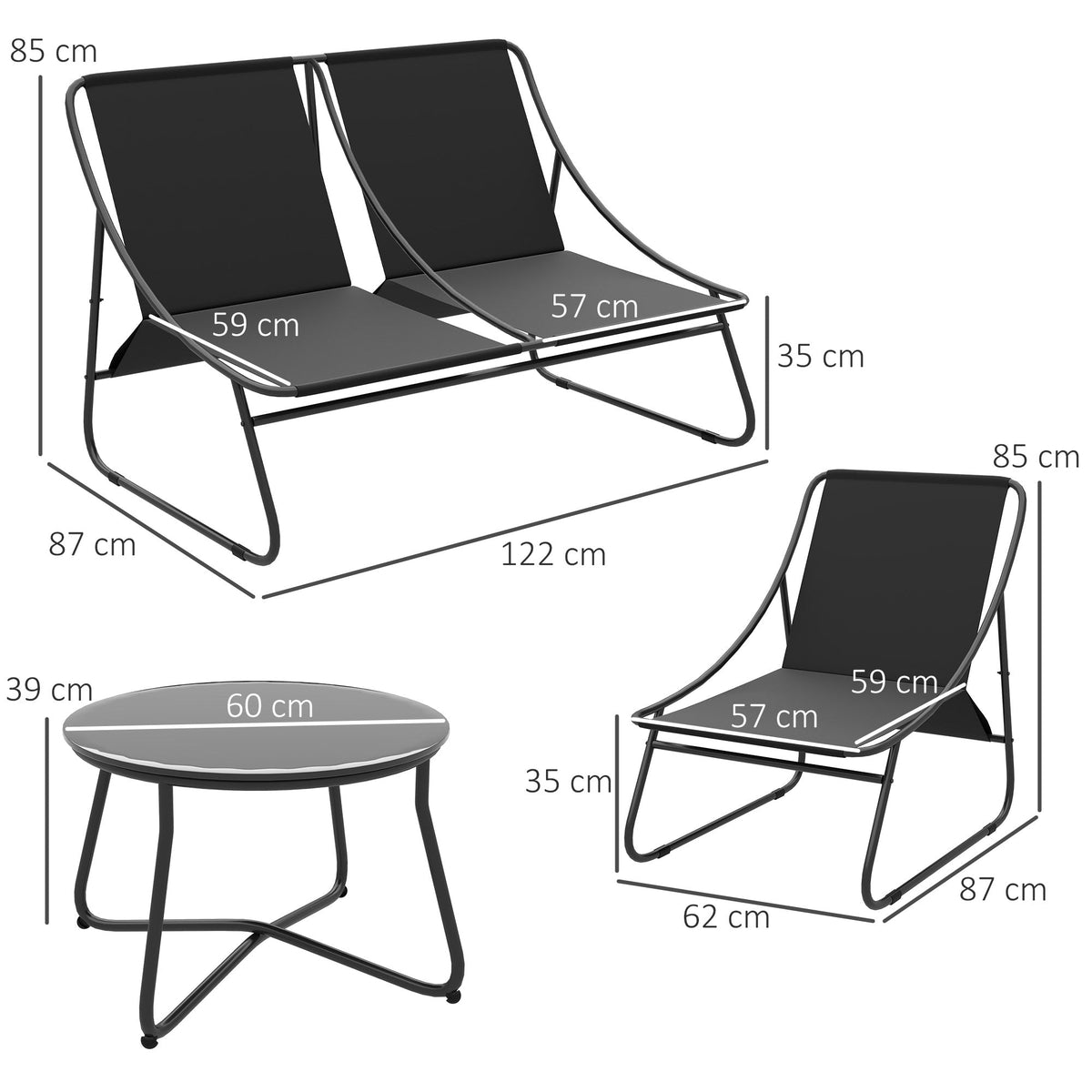 4 Seater Steel Outdoor Sofa Set with Chairs, Glass Coffee Table & Thick Cushions, Light Grey