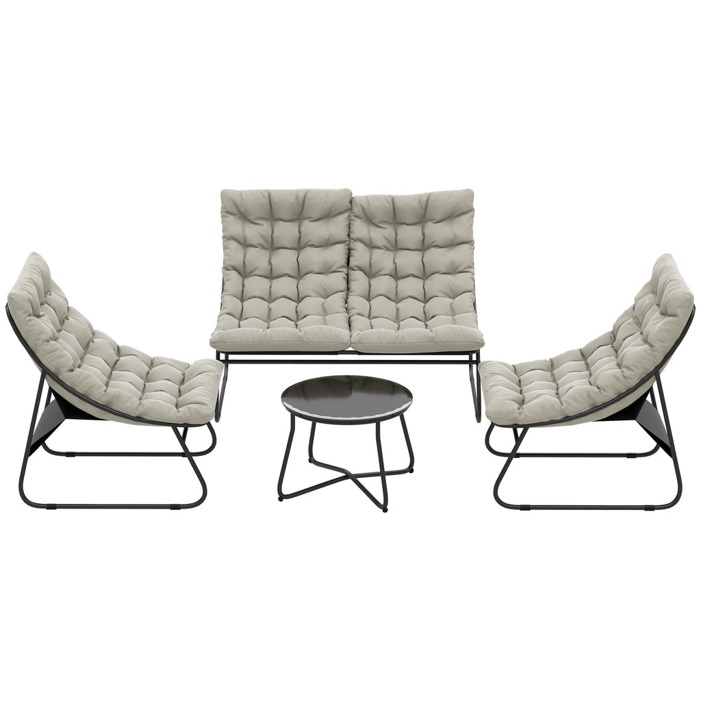 4 Seater Steel Outdoor Sofa Set with Chairs, Glass Coffee Table & Thick Cushions, Light Grey