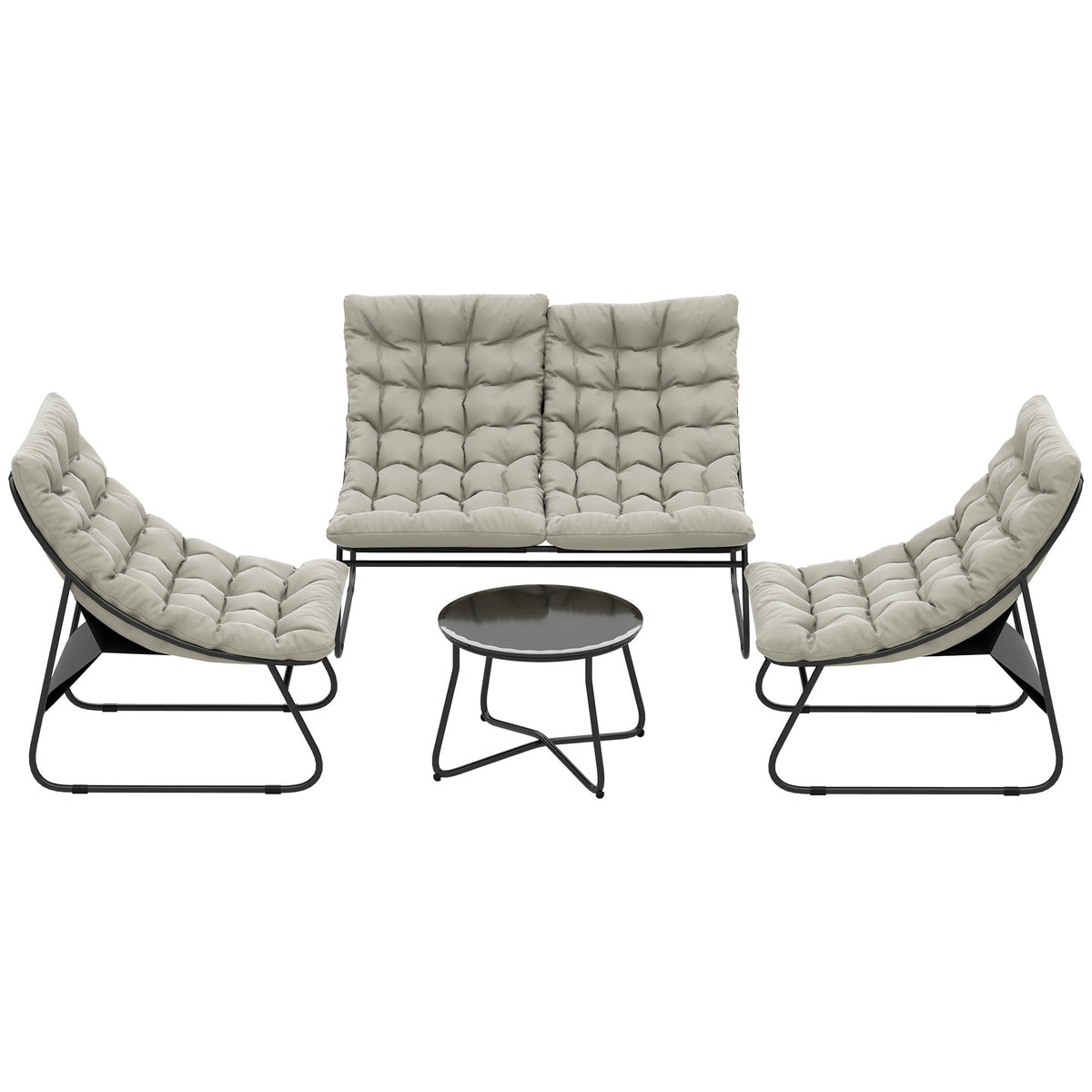 4 Seater Steel Outdoor Sofa Set with Chairs, Glass Coffee Table & Thick Cushions, Light Grey