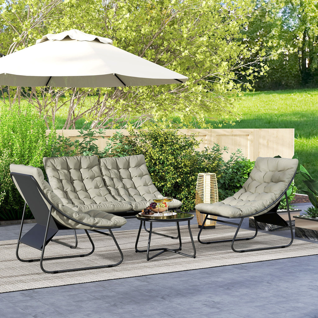 4 Seater Steel Outdoor Sofa Set with Chairs, Glass Coffee Table & Thick Cushions, Light Grey