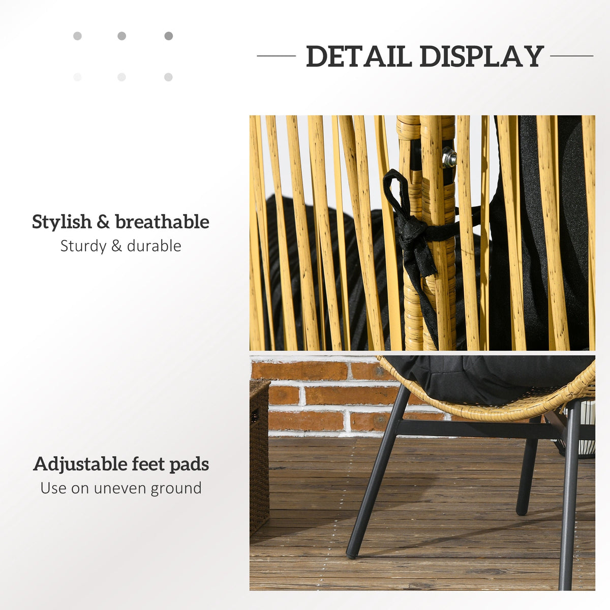 Garden Rattan Egg Chair with 14cm Thick Seat Cushion, Headrest & Adjustable Feet, Sand