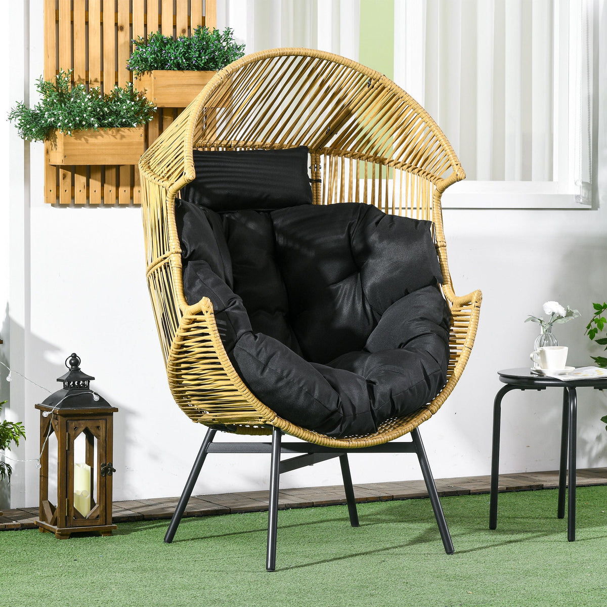Garden Rattan Egg Chair with 14cm Thick Seat Cushion, Headrest & Adjustable Feet, Sand