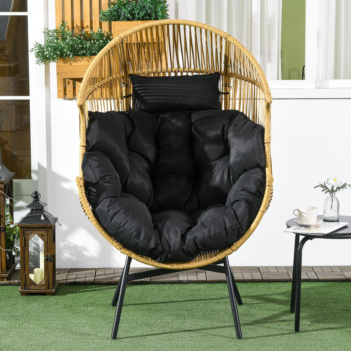 Garden Rattan Egg Chair with 14cm Thick Seat Cushion, Headrest & Adjustable Feet, Sand
