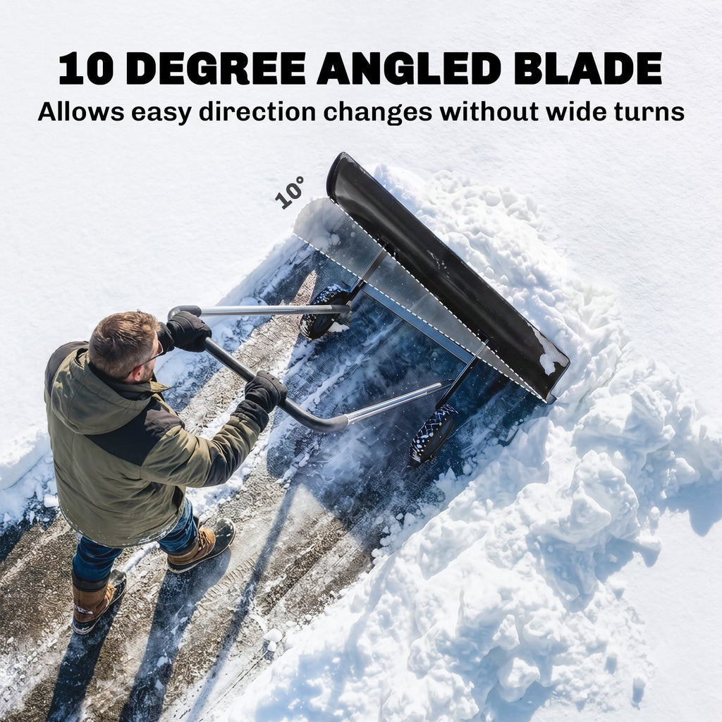 37-Inch Extra-Wide Snow Pusher with Wheels, Black, Adjustable Ergonomic Handle