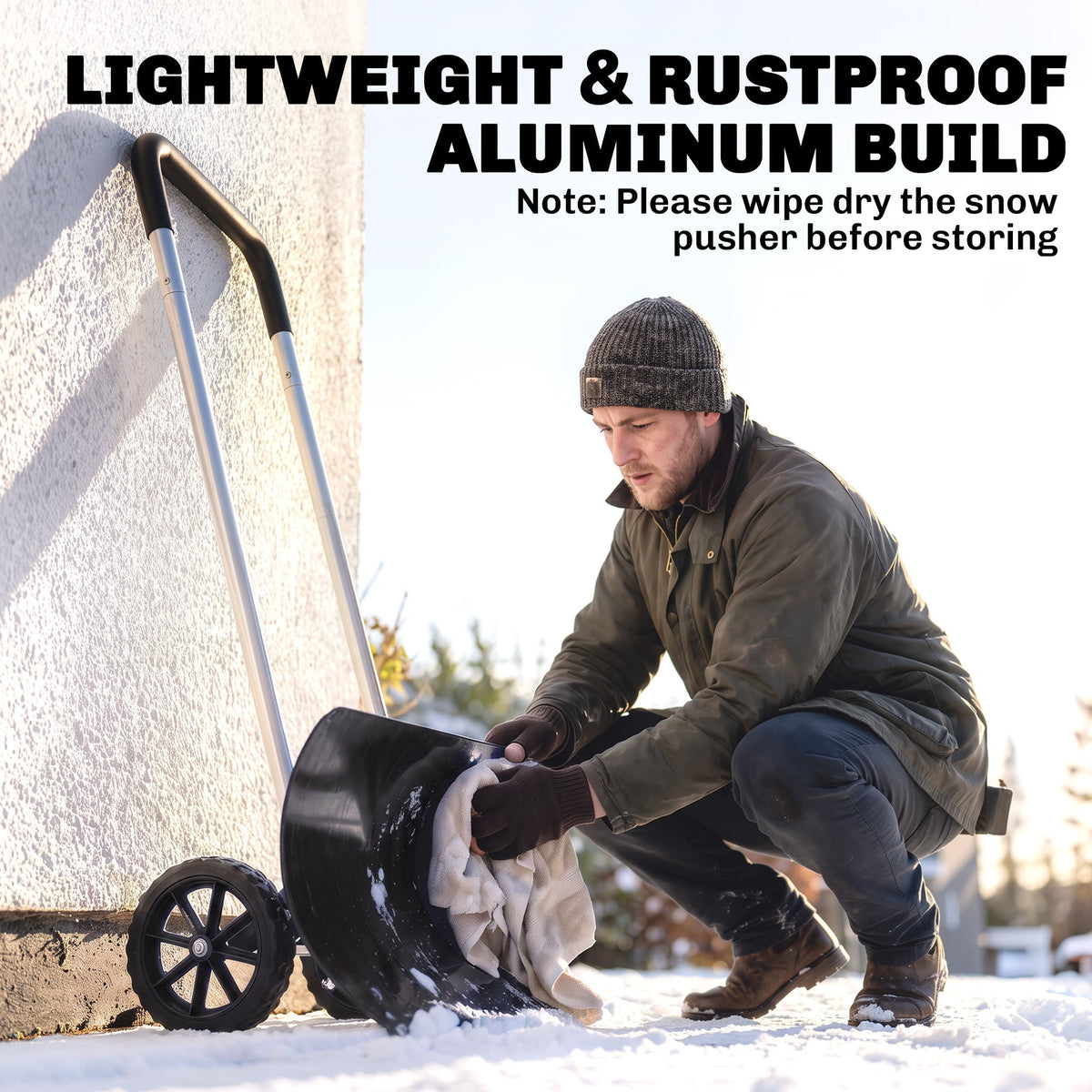 37" Extra-Wide Aluminum Snow Pusher with Wheels and Ergonomic Handle, Black
