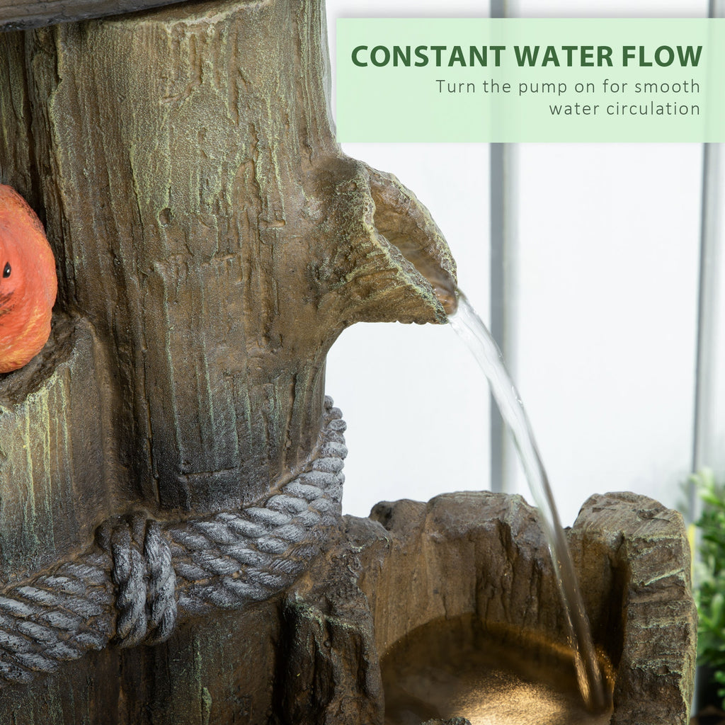 Garden Waterfall Bird Bath Fountain with 3-Tier Rustic Tree Trunk, LED Lights, Brown