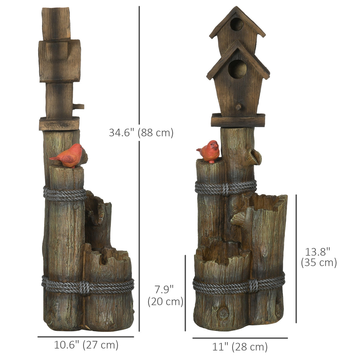 Garden Waterfall Bird Bath Fountain with 3-Tier Rustic Tree Trunk, LED Lights, Brown