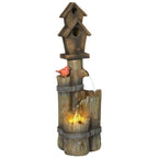 Garden Waterfall Bird Bath Fountain with 3-Tier Rustic Tree Trunk, LED Lights, Brown